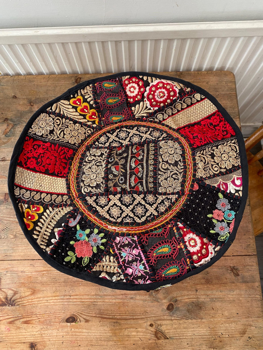 Vibrant Black Vintage Indian Patchwork Pouffe – alternate product view