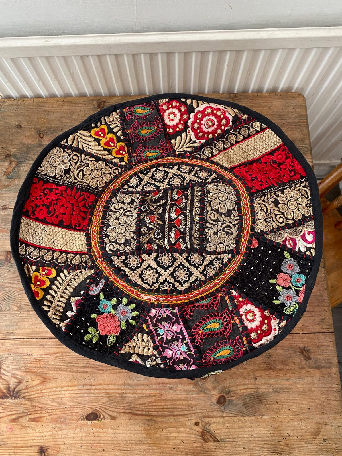 Vibrant Black Vintage Indian Patchwork Pouffe – alternate product view