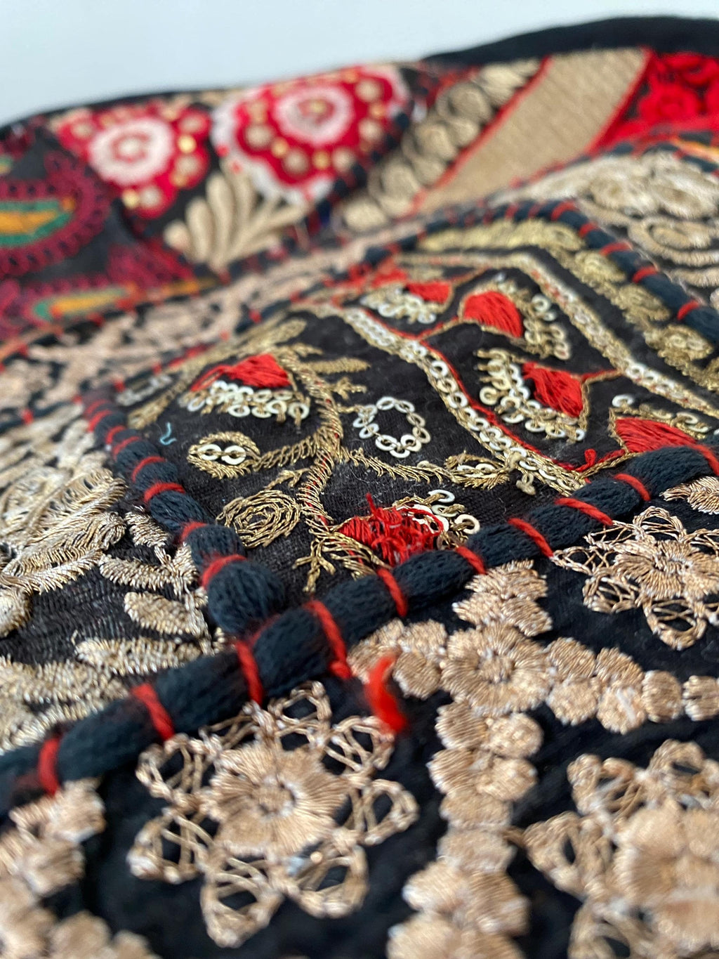 Vibrant Black Vintage Indian Patchwork Pouffe – close-up detail
