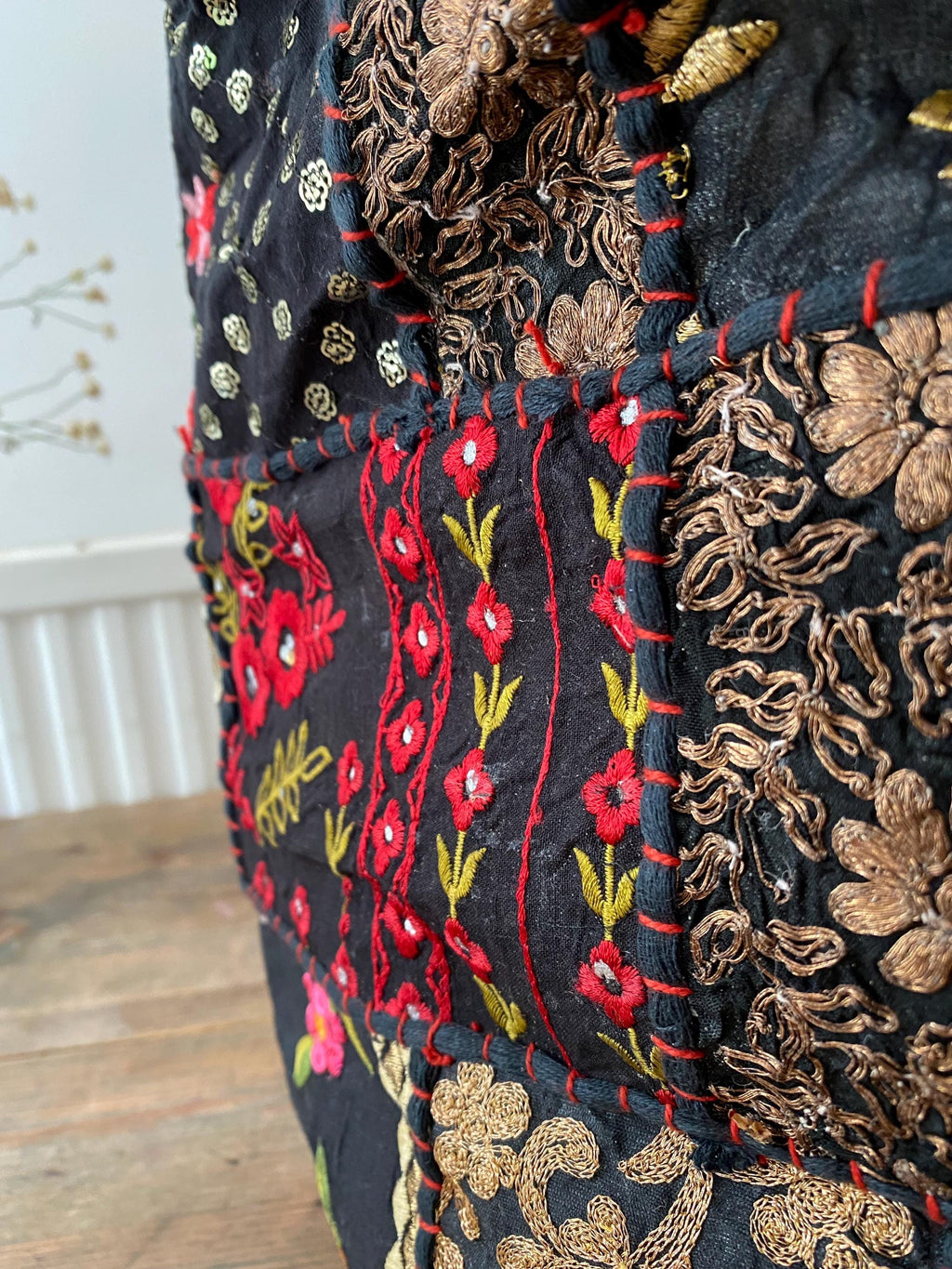 Vibrant Black Vintage Indian Patchwork Pouffe – texture and finish detail