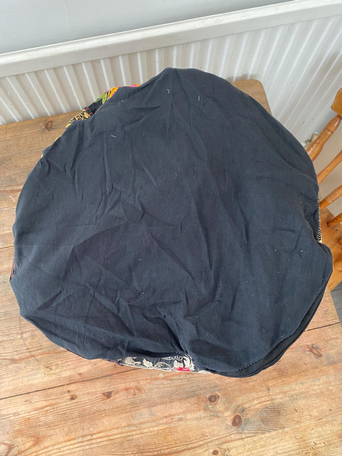 Vibrant Black Vintage Indian Patchwork Pouffe – additional product view