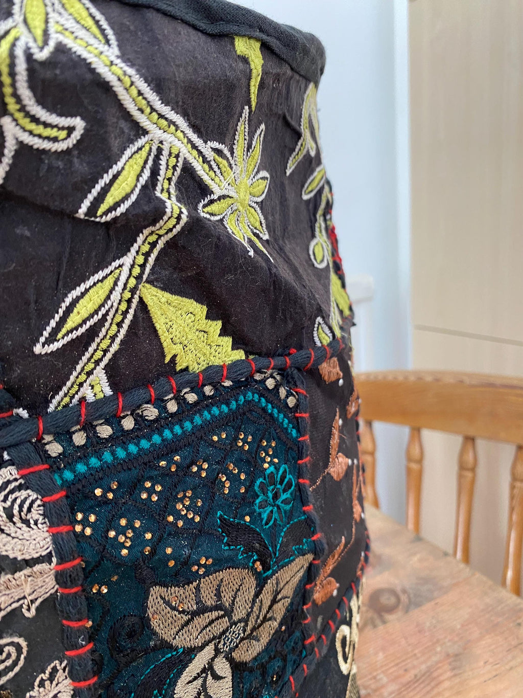 Vibrant Black Vintage Indian Patchwork Pouffe – scale and detail view