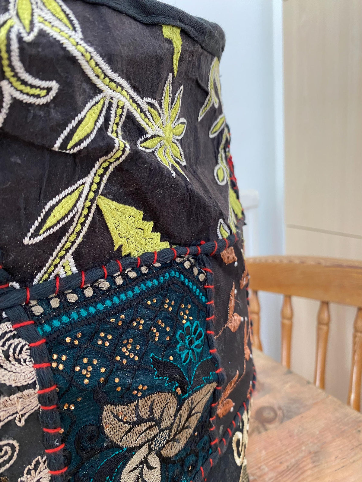 Vibrant Black Vintage Indian Patchwork Pouffe – scale and detail view