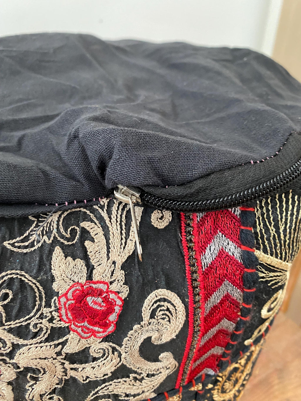 Vibrant Black Vintage Indian Patchwork Pouffe – final product view