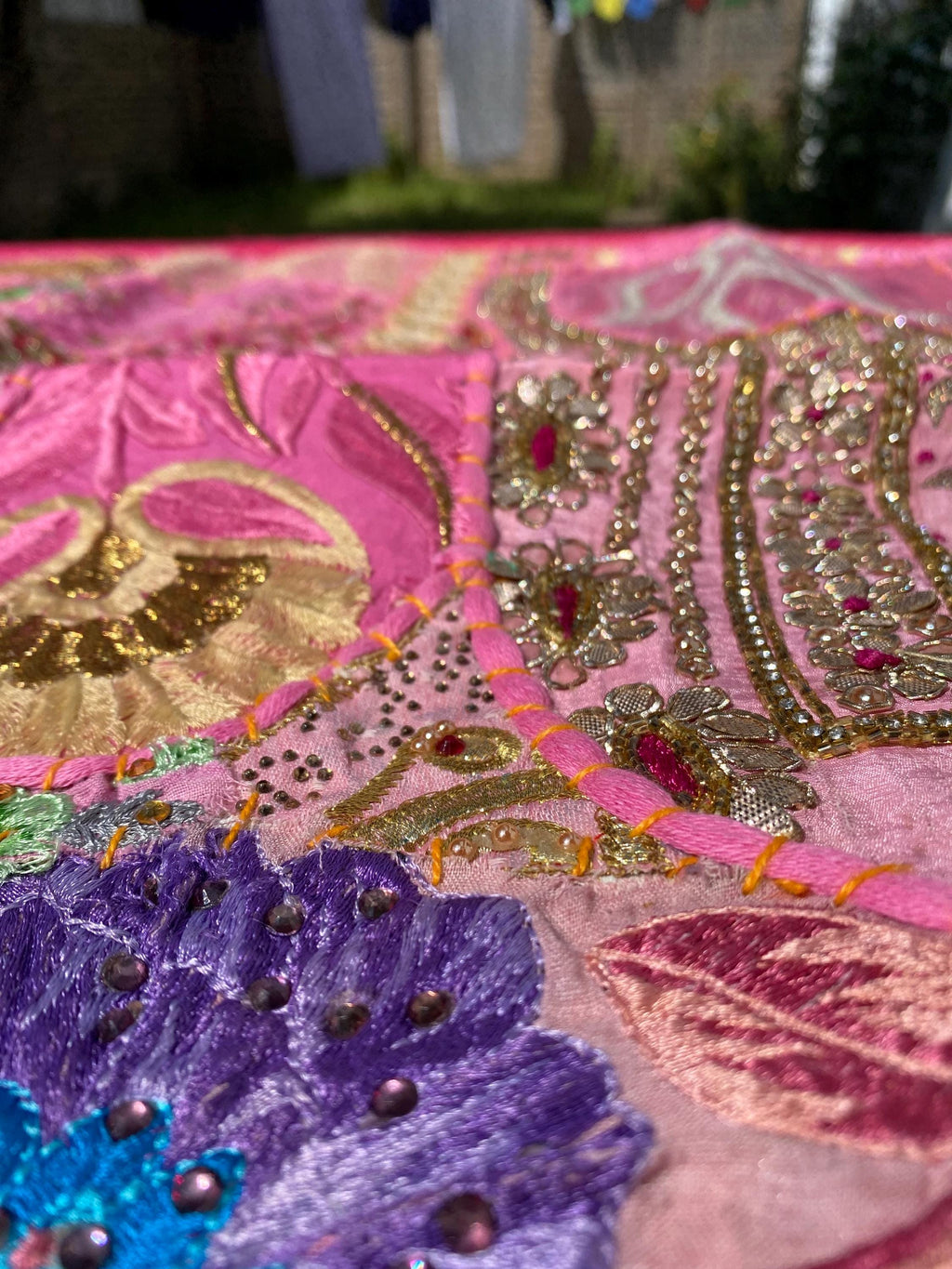 Pink Palace Vintage Indian Patchwork Wall Hanging – close-up detail