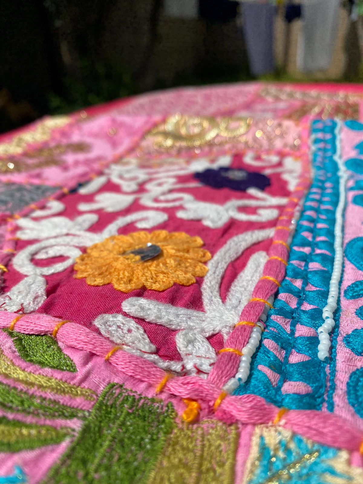Pink Palace Vintage Indian Patchwork Wall Hanging – craftsmanship detail