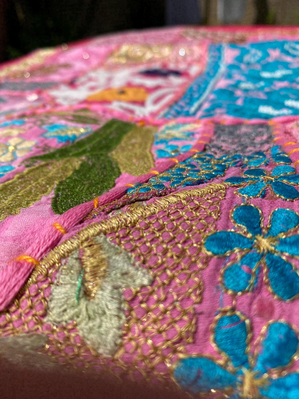 Pink Palace Vintage Indian Patchwork Wall Hanging – product styling view