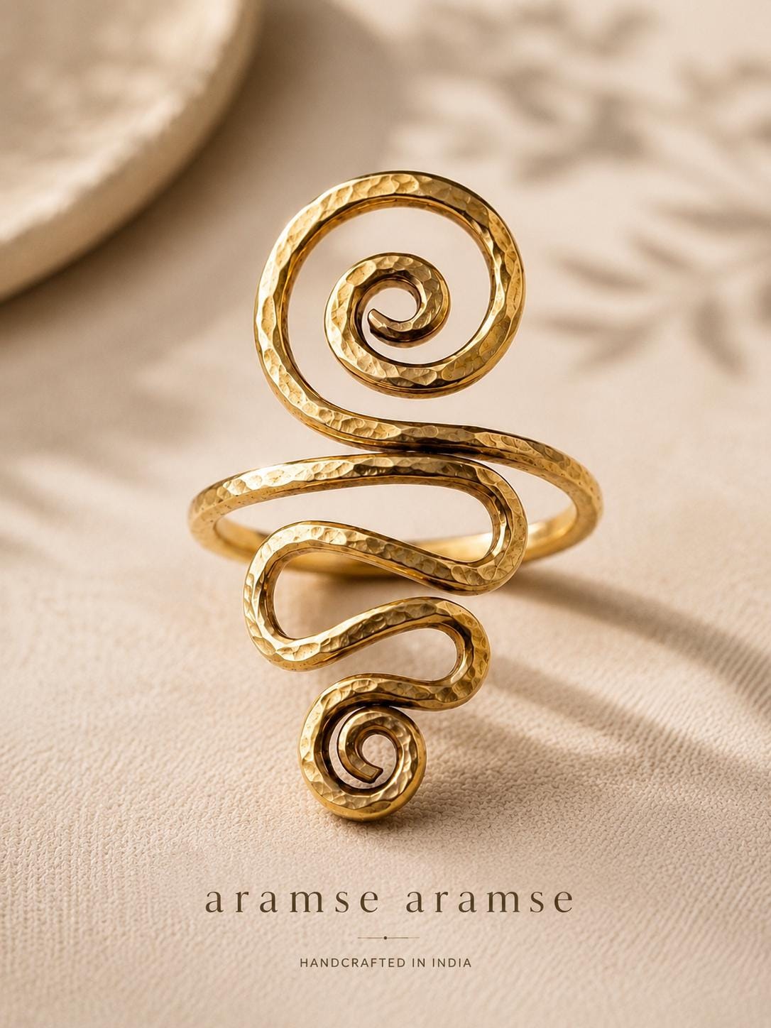 Long Brass Double Spiral Statement Ring – alternate product view
