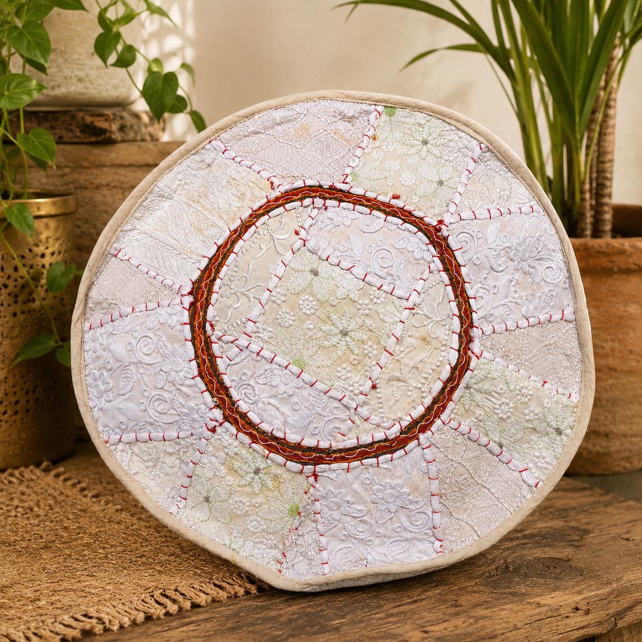 Ivory Vintage Indian Patchwork Pouffe – close-up detail