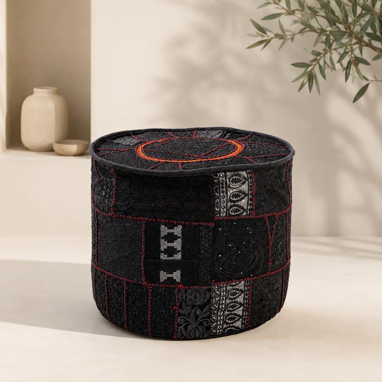 Charcoal Vintage Indian Patchwork Pouffe – main product view