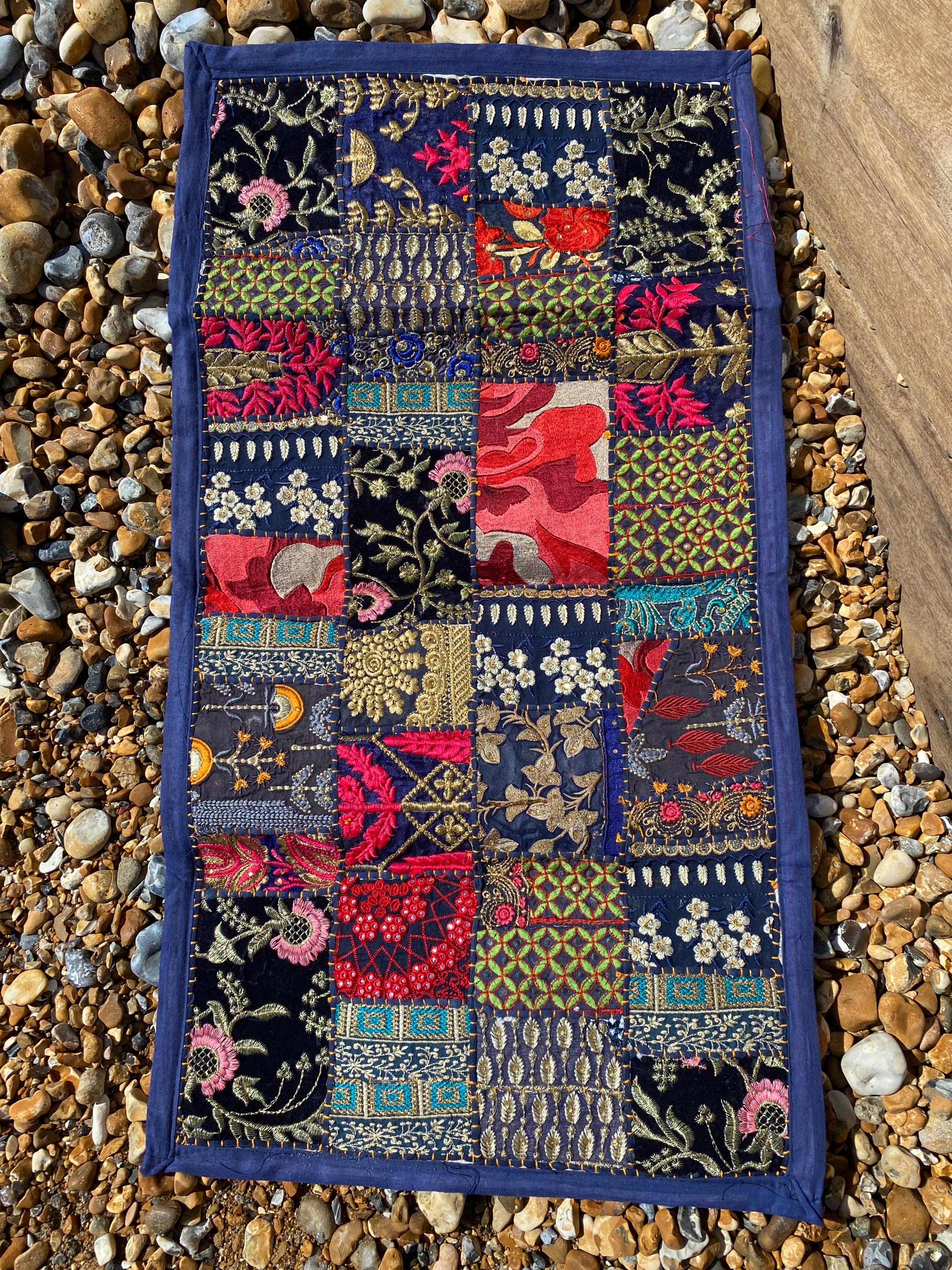 Blue Vintage Indian Patchwork Wall Hanging – scale and detail view