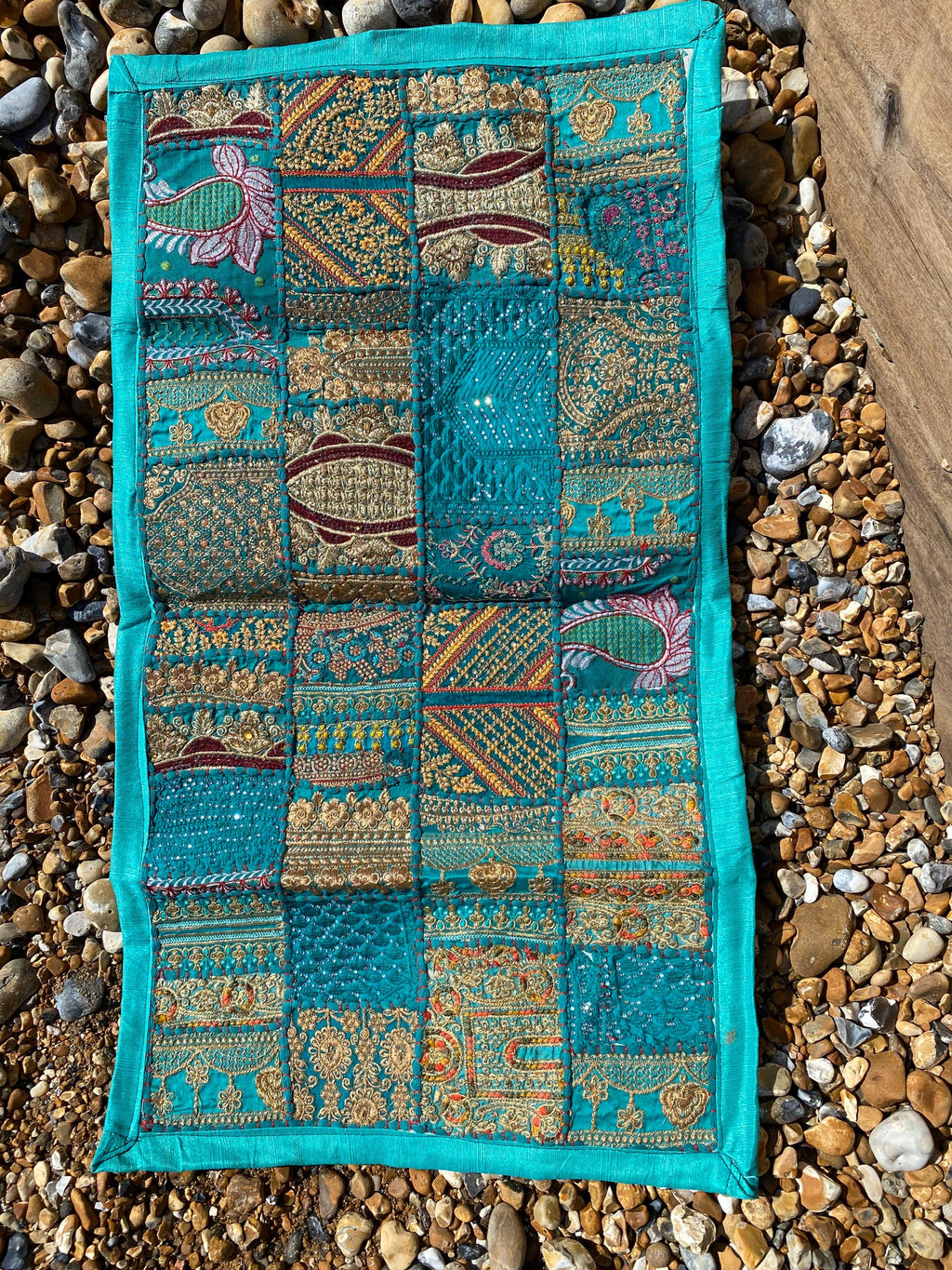 Blue Vintage Indian Patchwork Wall Hanging – close-up detail