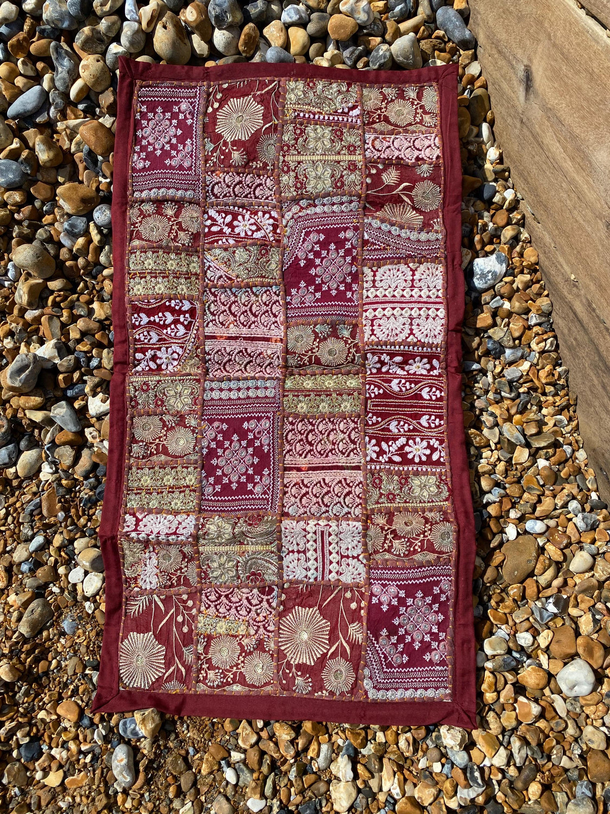 Berry Tone Vintage Indian Patchwork Wall Hanging – scale and detail view
