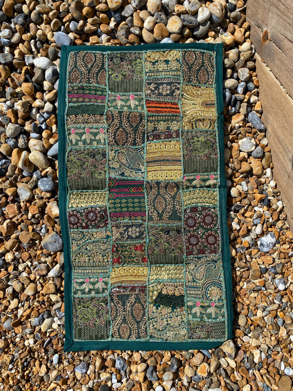 Earth Tone Vintage Indian Patchwork Wall Hanging – close-up detail