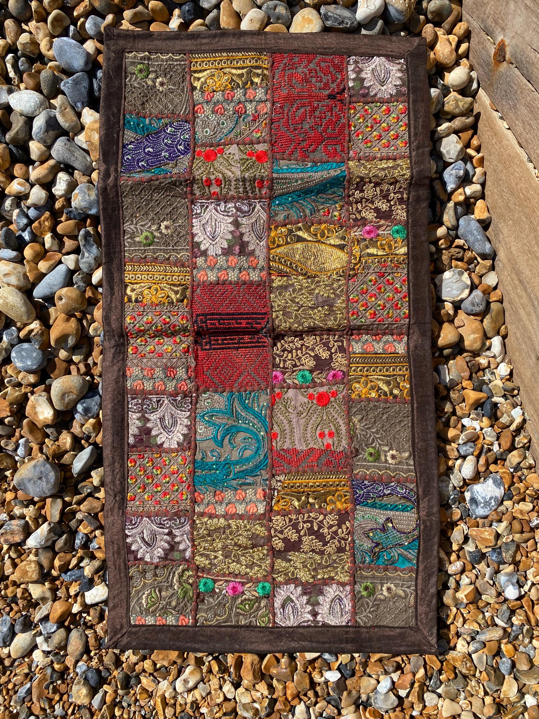 Neutral Vintage Indian Patchwork Wall Hanging – close-up detail