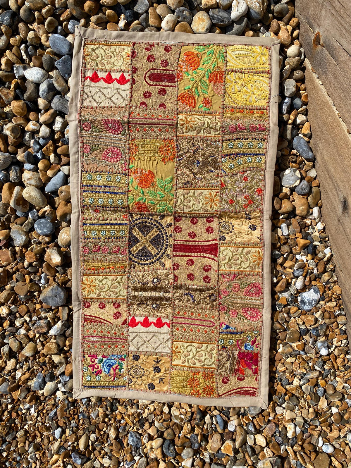 Neutral Vintage Indian Patchwork Wall Hanging – additional detail