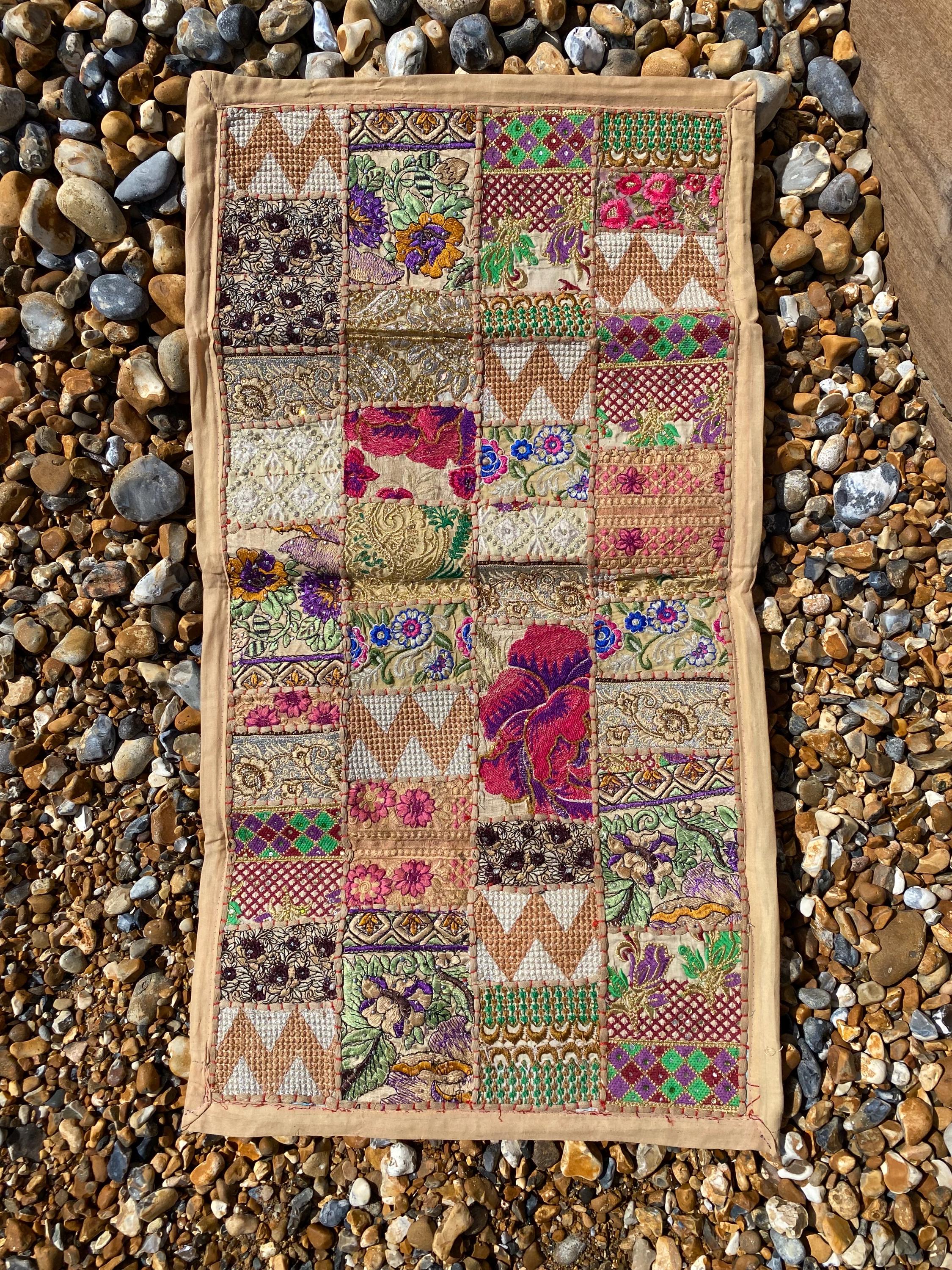 Neutral Vintage Indian Patchwork Wall Hanging – product styling view