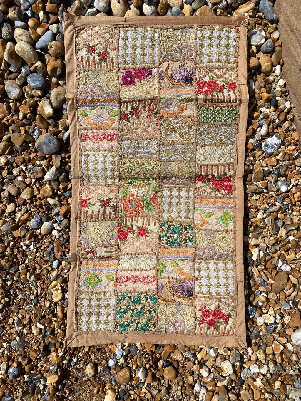 Neutral Vintage Indian Patchwork Wall Hanging – texture and finish detail