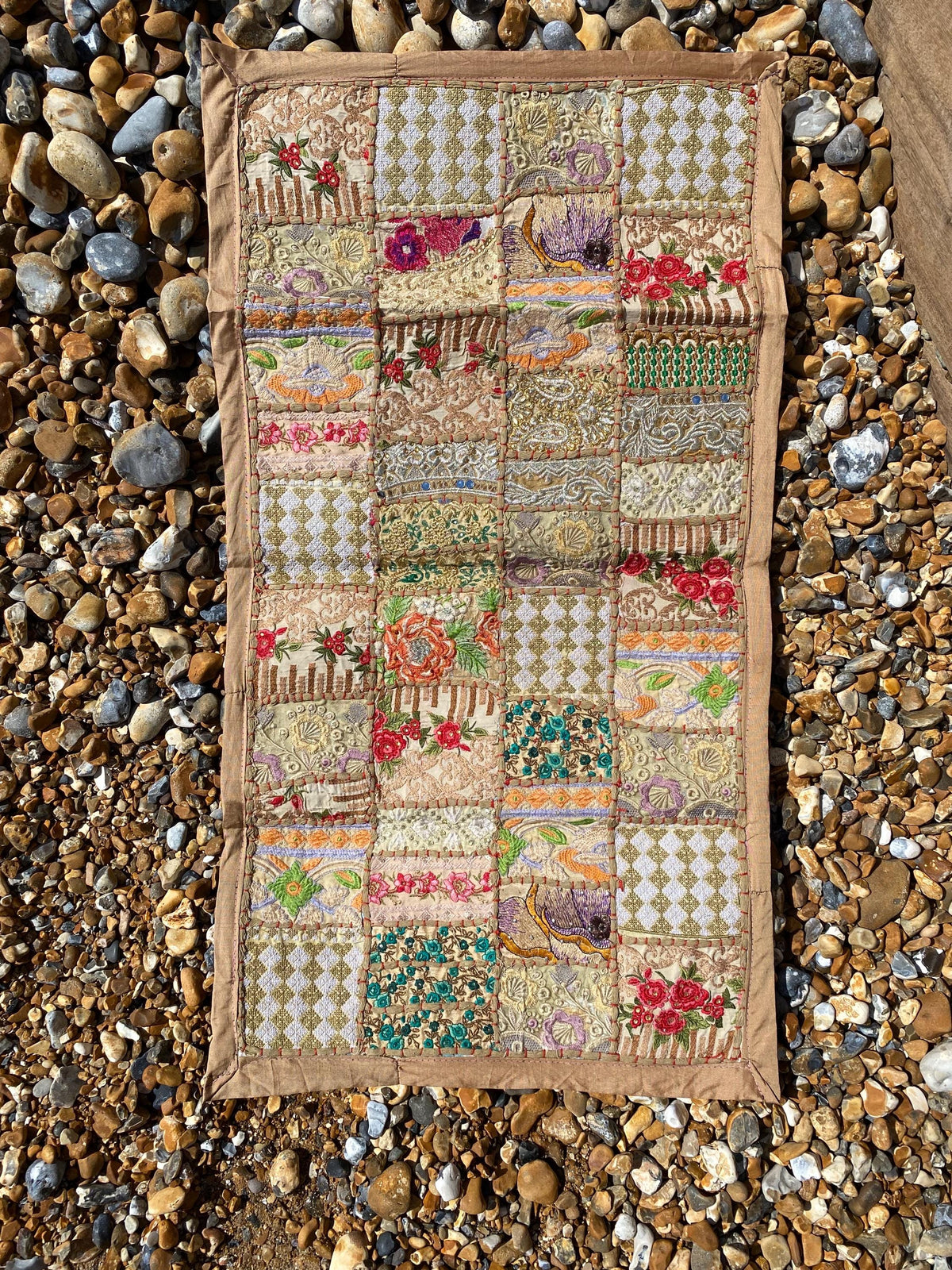 Neutral Vintage Indian Patchwork Wall Hanging – texture and finish detail