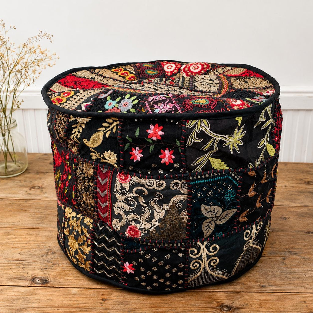 Vibrant Black Vintage Indian Patchwork Pouffe – main product view