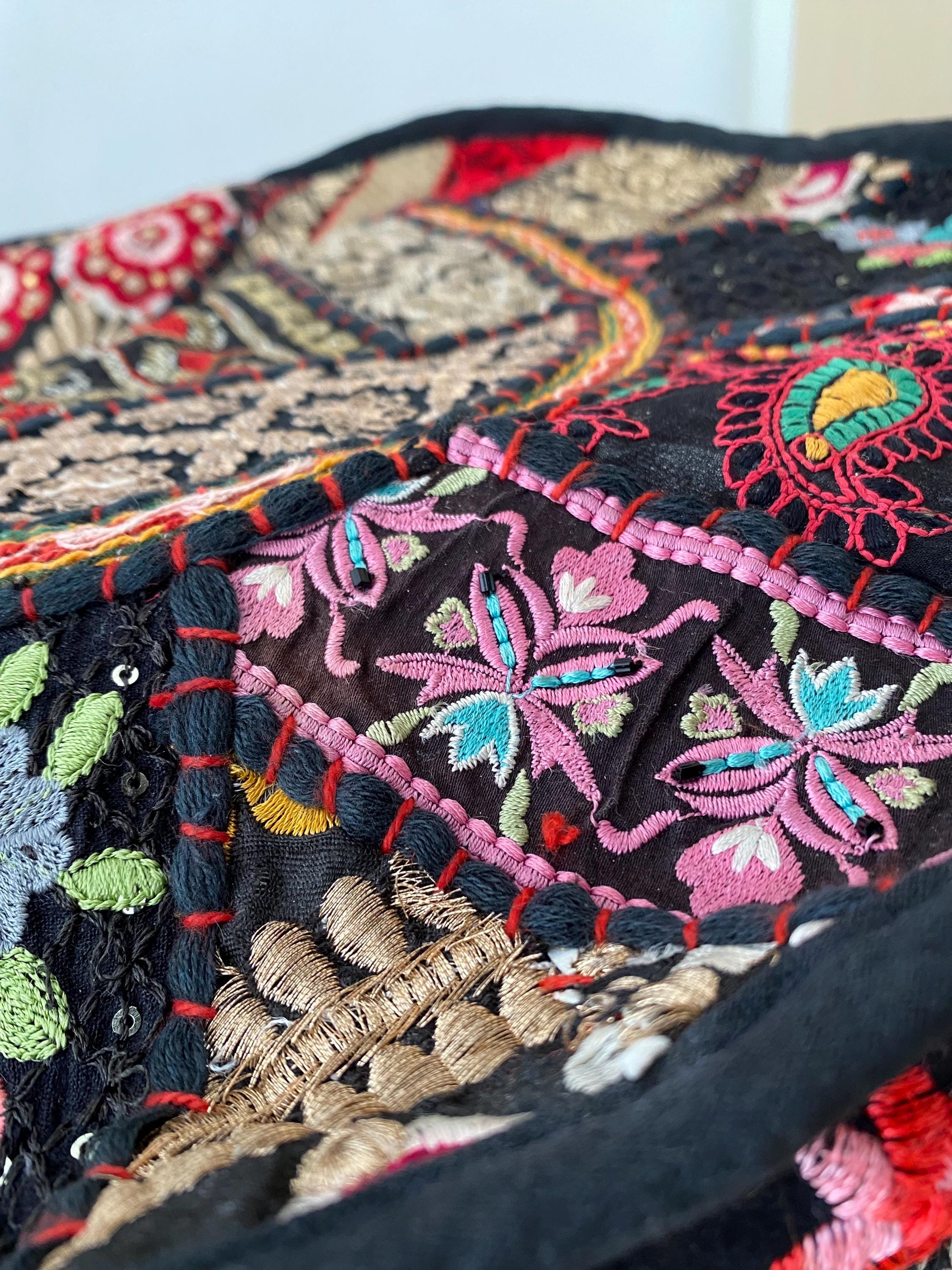 Vibrant Black Vintage Indian Patchwork Pouffe – additional detail