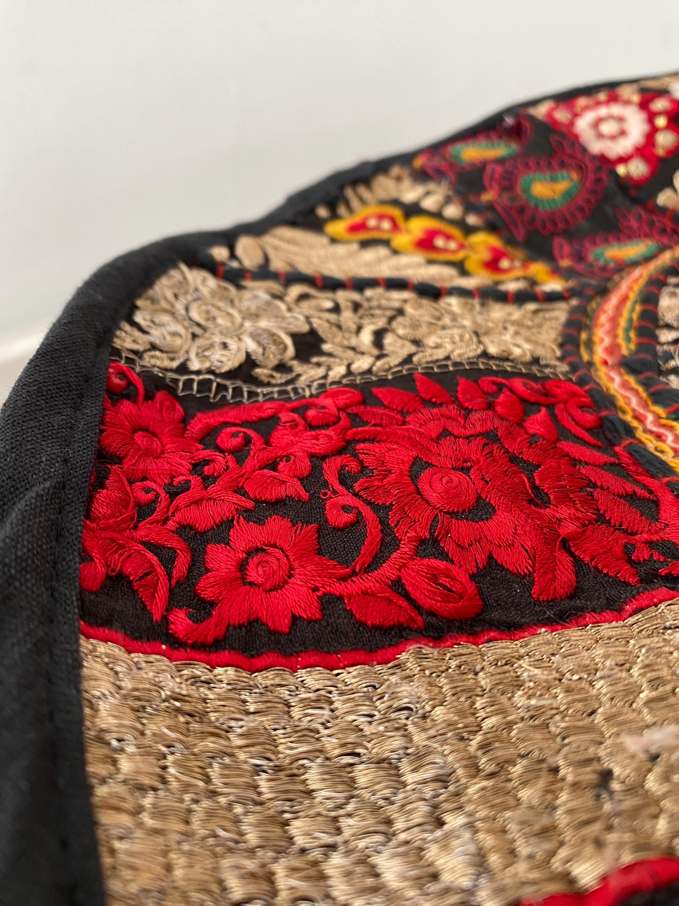 Vibrant Black Vintage Indian Patchwork Pouffe – product styling view