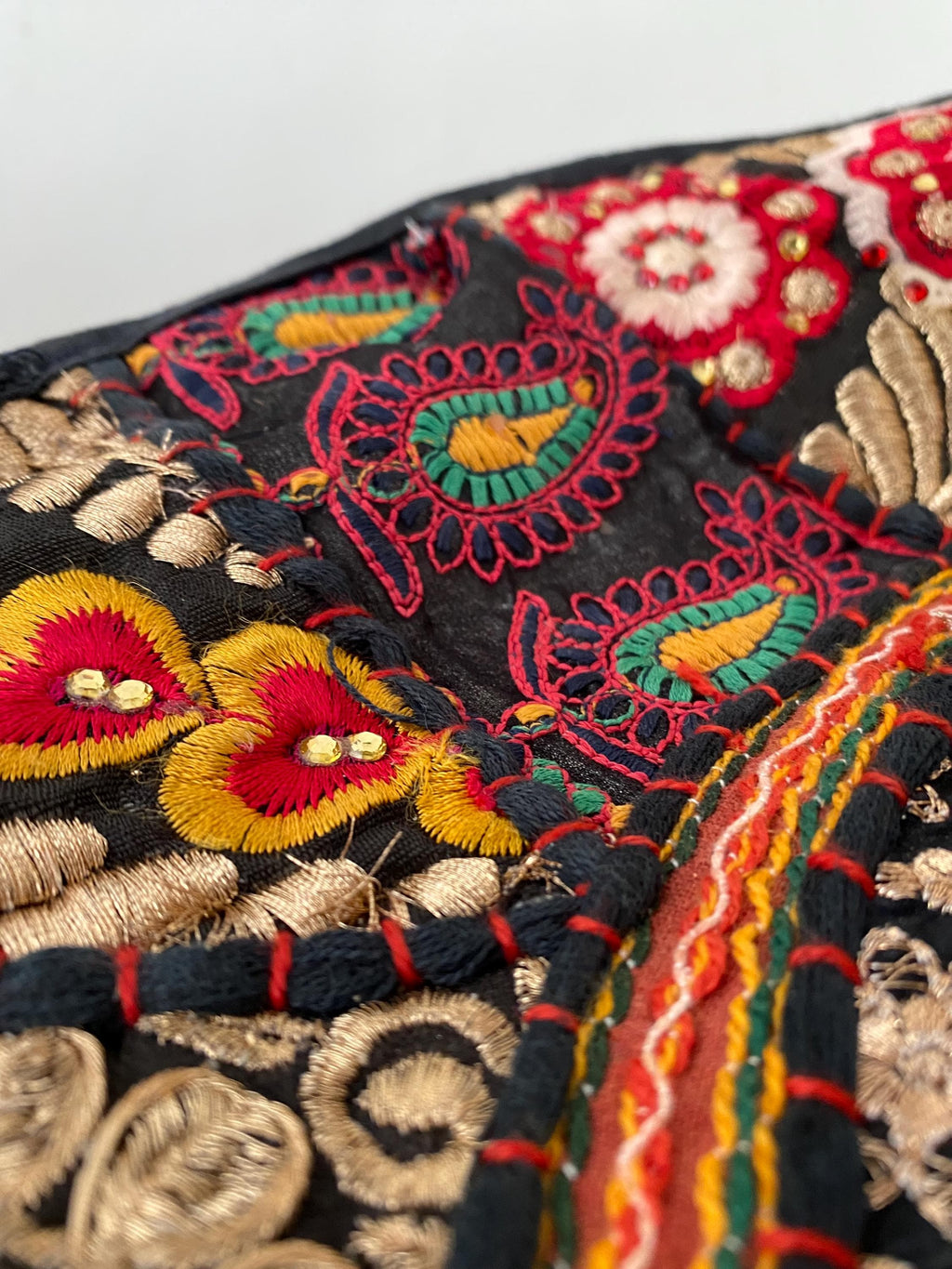 Vibrant Black Vintage Indian Patchwork Pouffe – craftsmanship detail