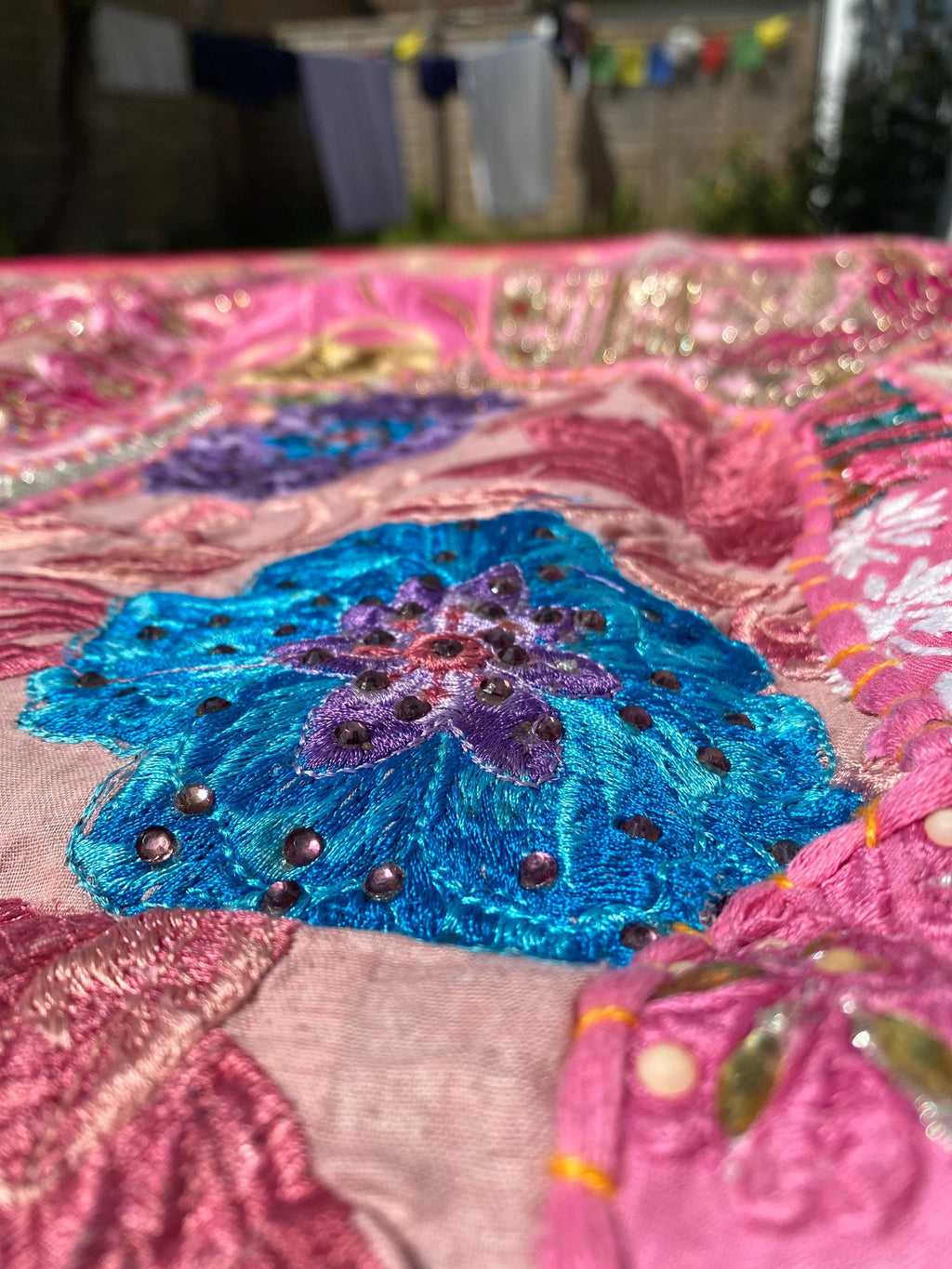 Pink Palace Vintage Indian Patchwork Wall Hanging – additional detail