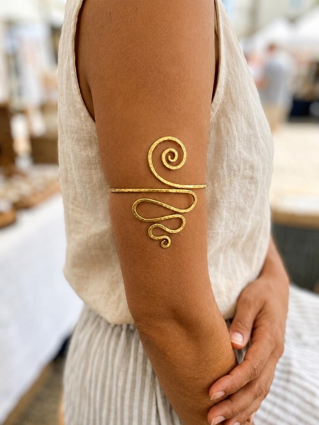 Handmade Solid Brass Spiral Upper Arm Cuff – main product view