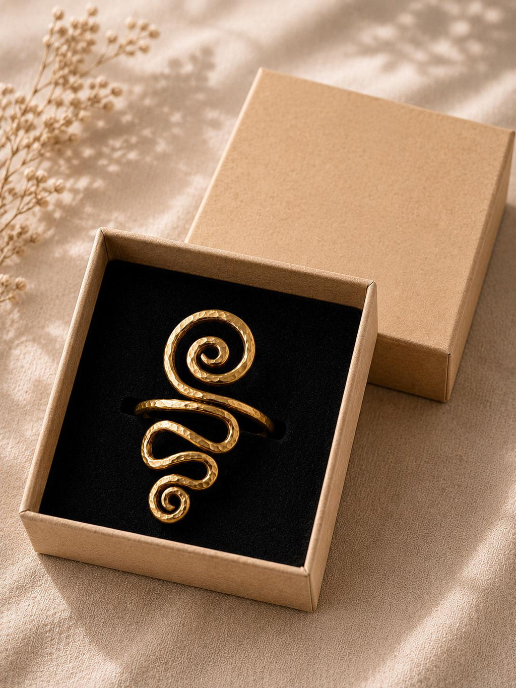 Long Brass Double Spiral Statement Ring – close-up detail