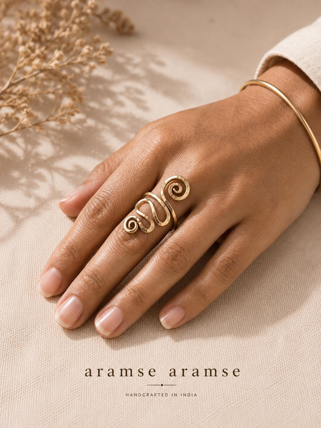 Long Brass Double Spiral Statement Ring – main product view