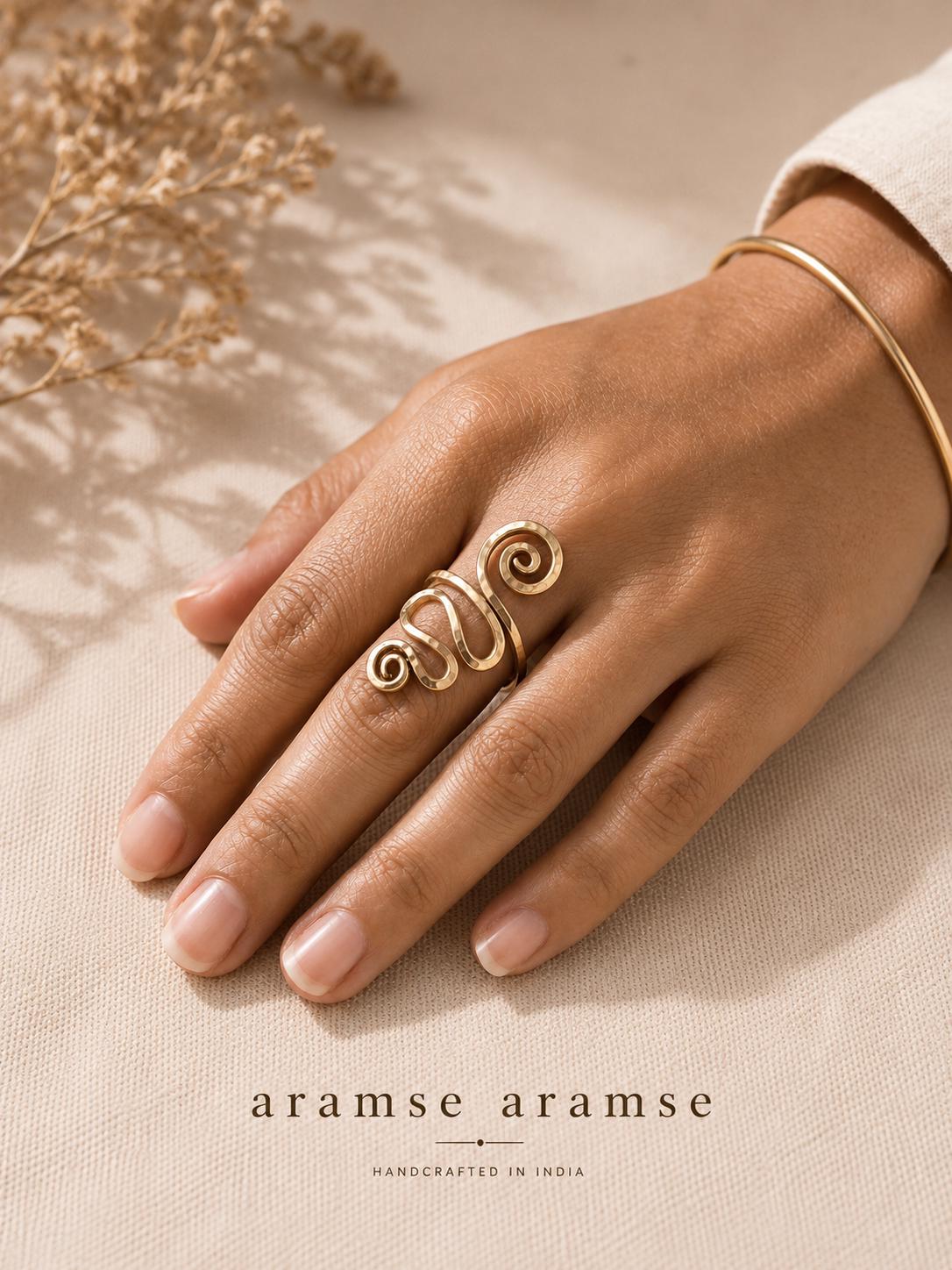 Long Brass Double Spiral Statement Ring – main product view