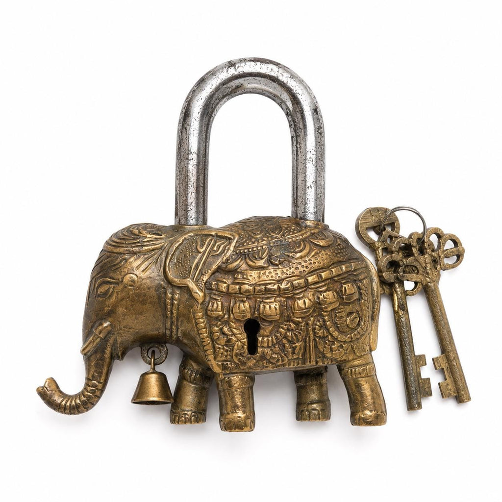 Vintage Brass Elephant Padlock with Keys – close-up detail