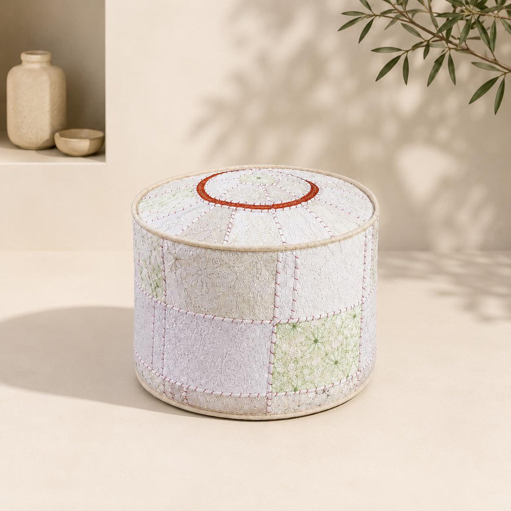 Ivory Vintage Indian Patchwork Pouffe – main product view
