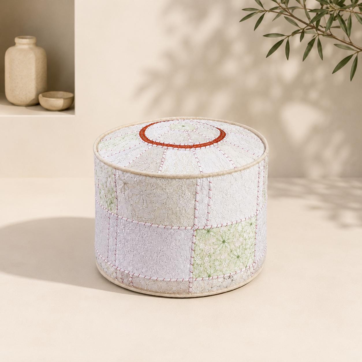 Ivory Vintage Indian Patchwork Pouffe – main product view