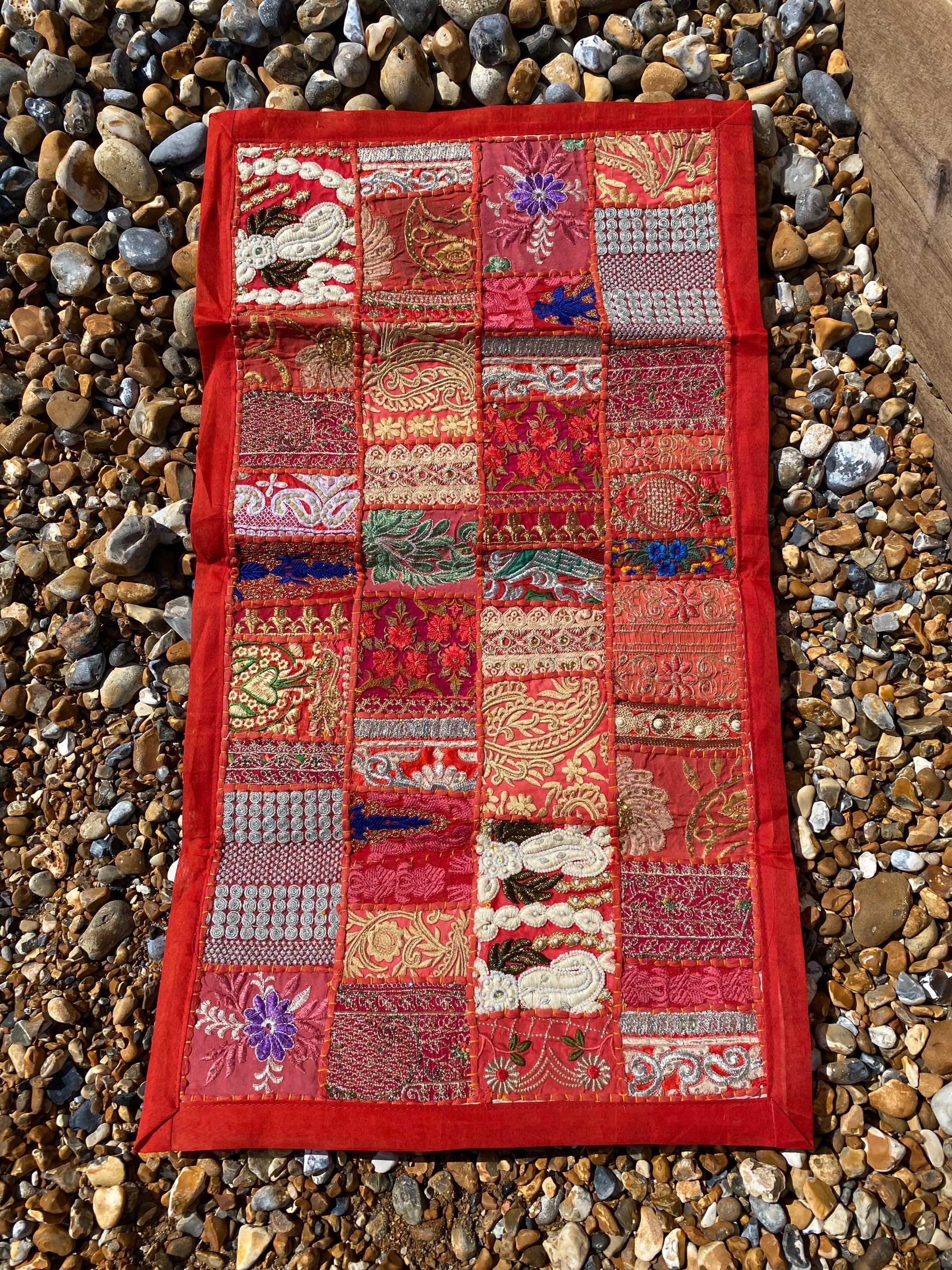 Berry Tone Vintage Indian Patchwork Wall Hanging – product styling view