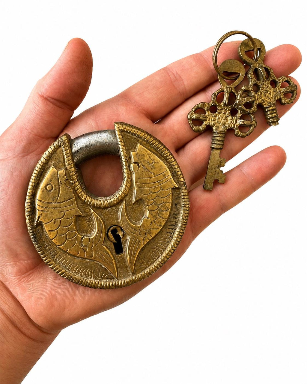 Vintage Brass Fish Padlock with Skeleton Key – main product view