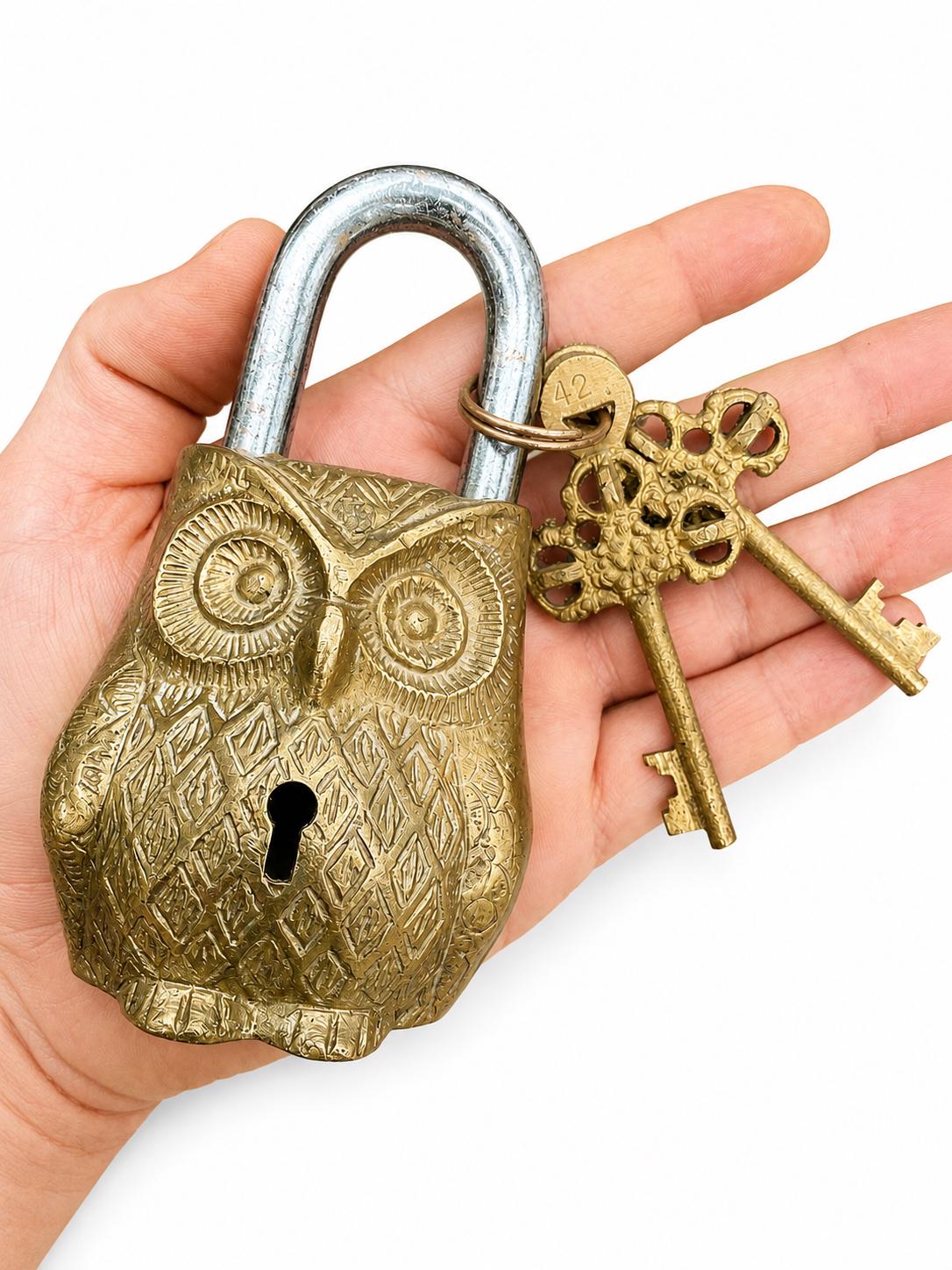 Vintage Brass Owl Padlock with Keys – main product view